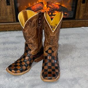 Tin Haul Checkered/Patchwork Brown & Tan square toe Leather Cowboy Boots USA 9D